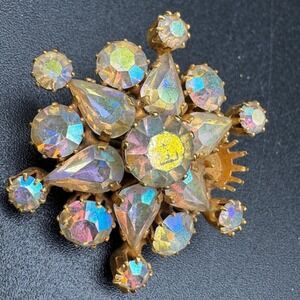 Vintage Made in Austria Aurora Borealis Starburst Brooch‎ Gold Tone MCM 1.5 in